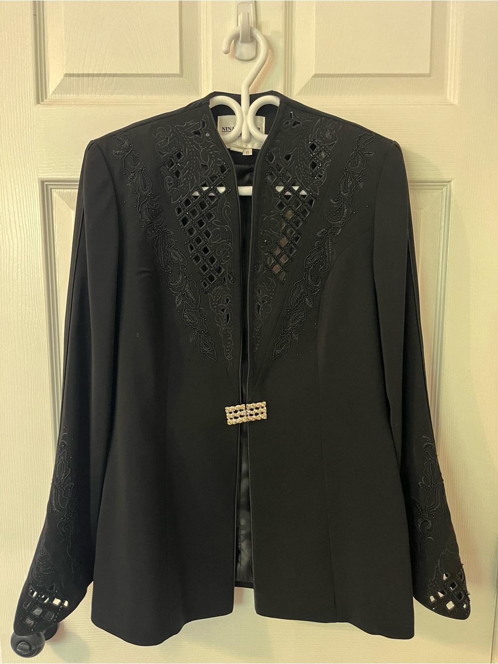 Black Cutout Beaded Nina Massini Suit Jacket & Skirt